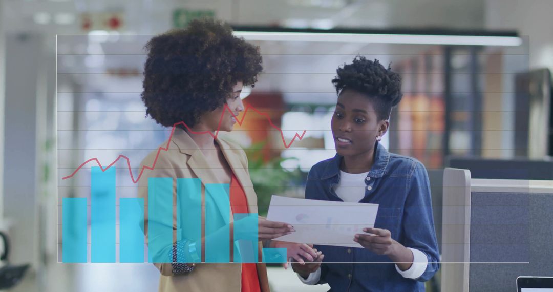 Coworkers Collaborating on Business Report with Chart Overlay