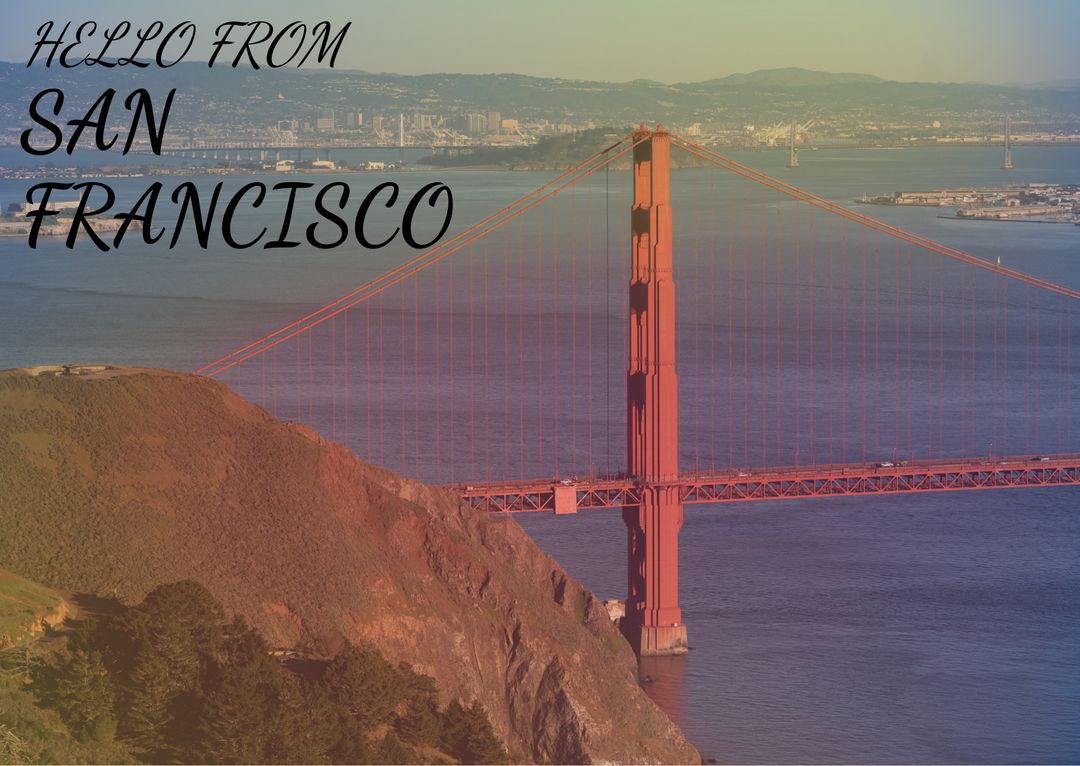 Golden Gate Bridge with Welcome Text over San Francisco Bay