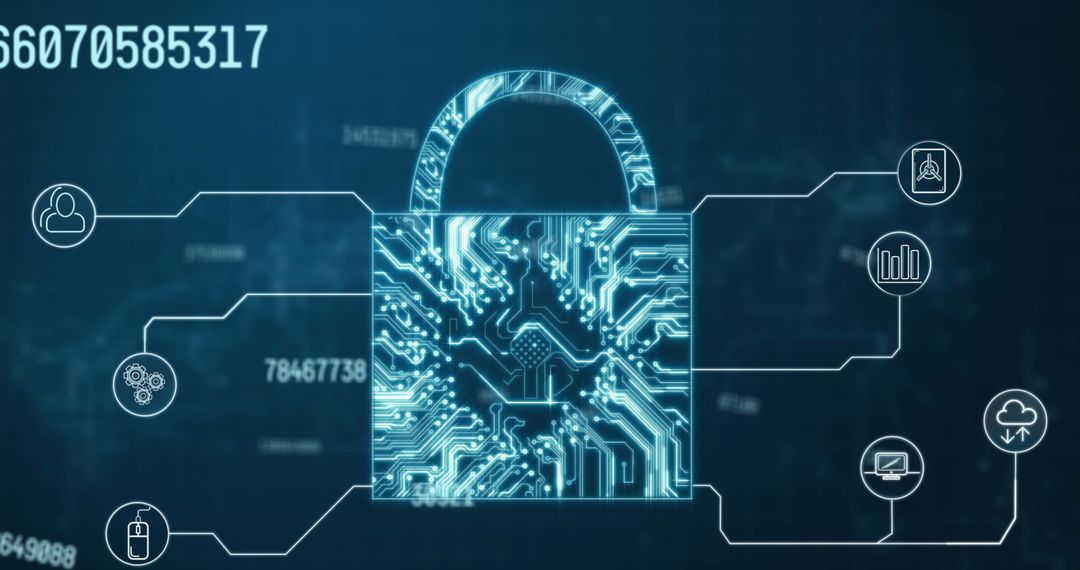 Digital Padlock with Integrated Circuitry and Technology Icons