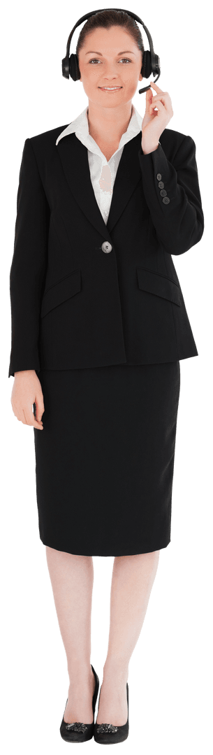 Transparent-Businesswoman in Black Suit with Headset Smiling Confidently
