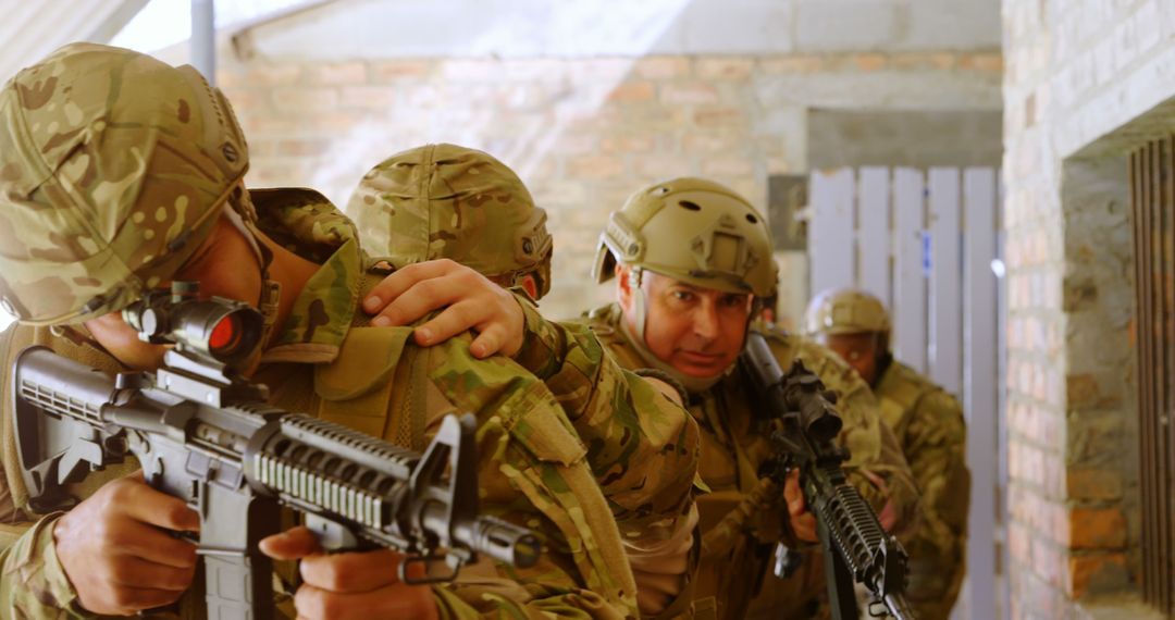 Caucasian Soldiers in Formation Holding Rifles During Training