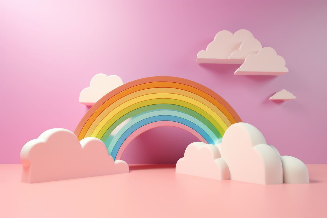 Colorful rainbow with white clouds on pink background created using generative ai technology - Free Images, Stock Photos and Pictures on Pikwizard.com