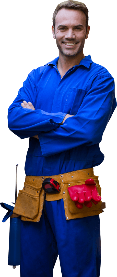 Confident Mechanic in Blue Overalls Arms Crossed Transparent Background