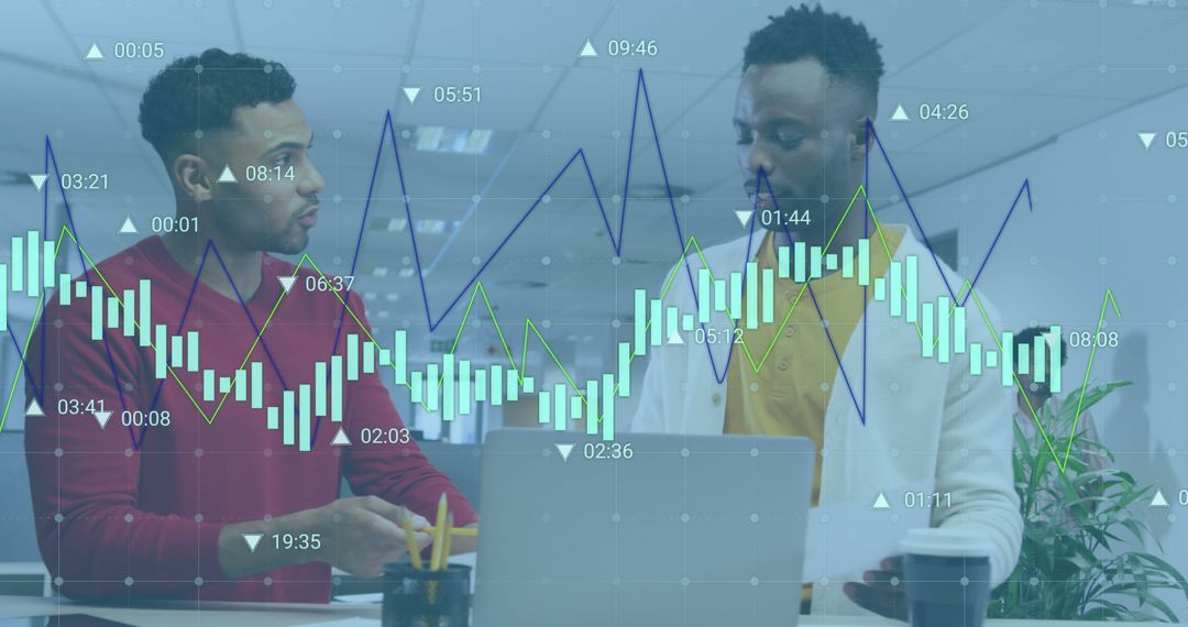 Two Analysts Discussing Stock Market Trends in Office with Data Overlay - Free Images, Stock Photos and Pictures on Pikwizard.com