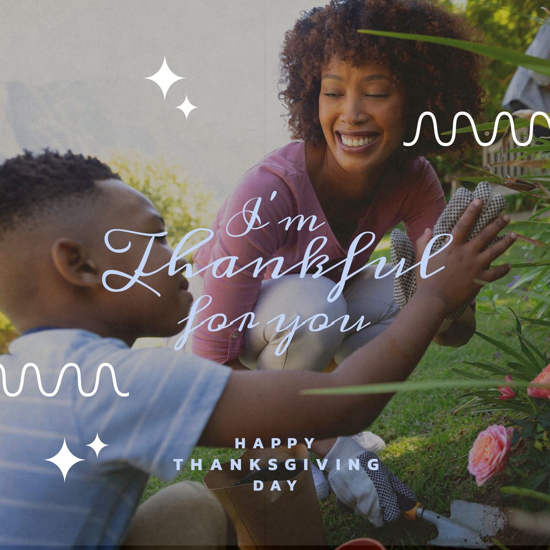 Mother and Son Embrace Thanksgiving Surrounded by Garden Blooms