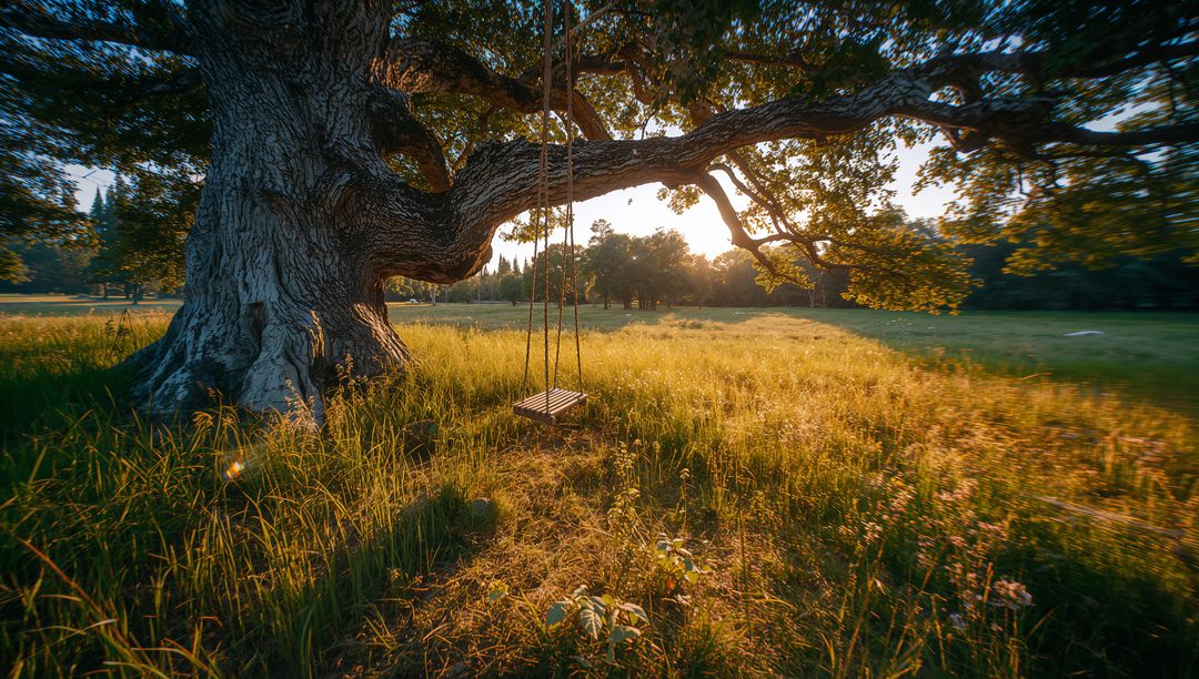 Rustic Wooden Swing Hanging from Grand Oak Tree in Sunlit Meadow