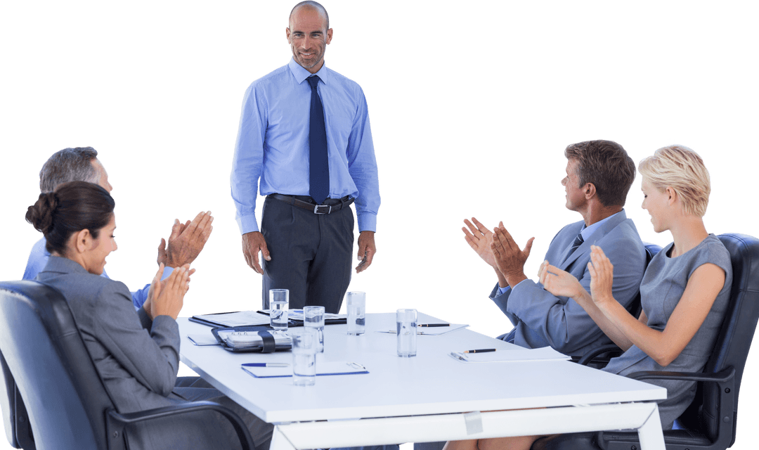 Business Team in Formal Attire Applauding Leader at Transparent Meeting