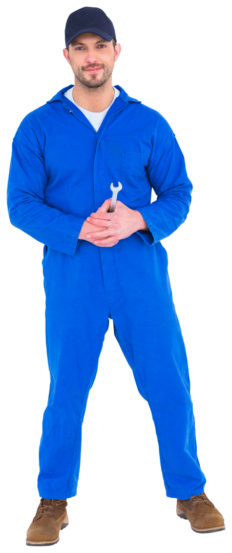 Transparent Background Smiling Mechanic in Blue Uniform Holding Spanner - Download Free Stock Images Pikwizard.com