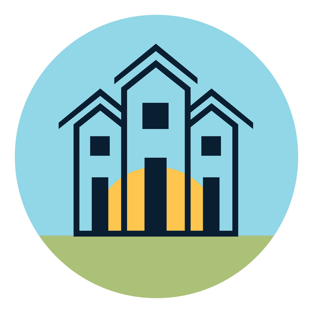 Stylish Transparent Icon of Houses on Blue Circle Background