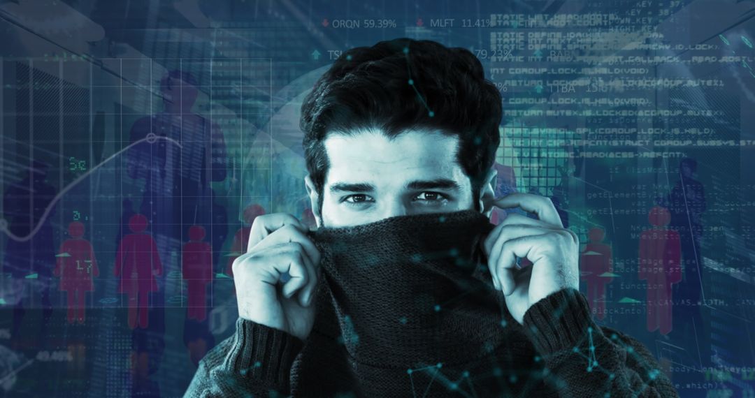 Caucasian Man Surrounded by Digital Financial Data Analytics