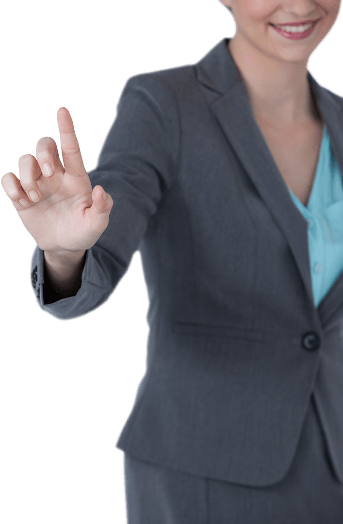 Woman in Suit Interacting with Transparent Digital Interface