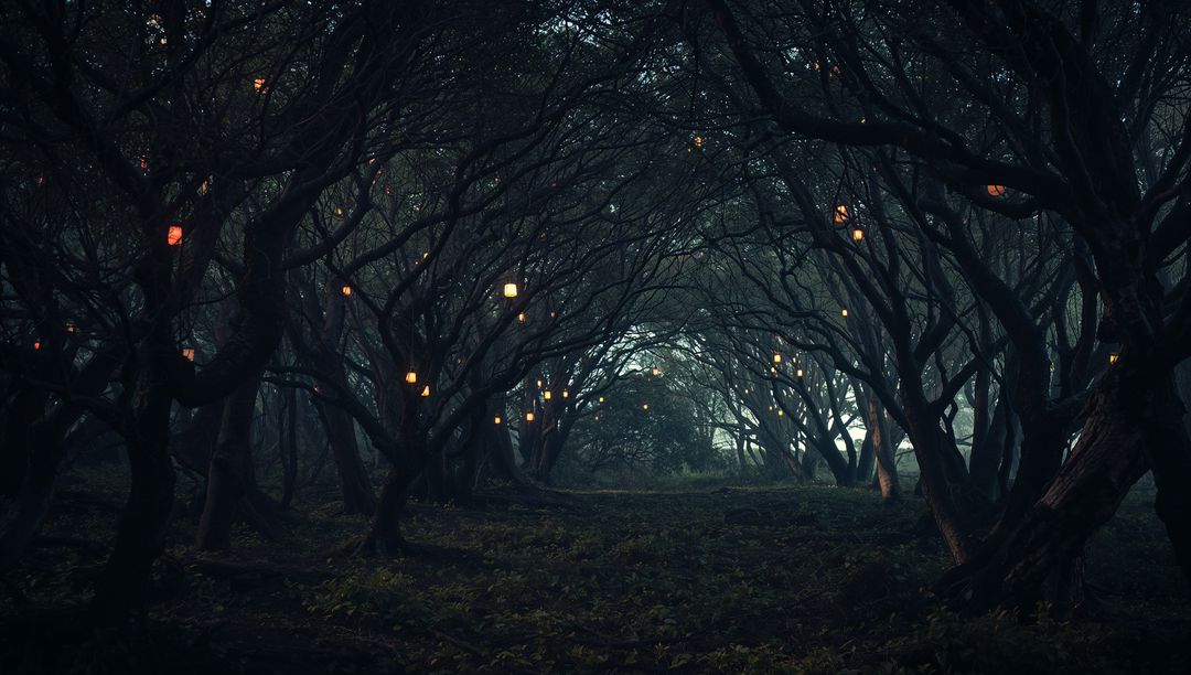 Enchanted Forest Canopy with Glowing Lanterns at Twilight