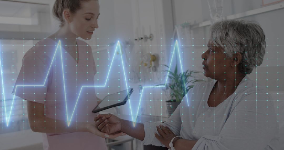 Doctor Conducting Health Check on Senior Patient with Digital Data Overlay