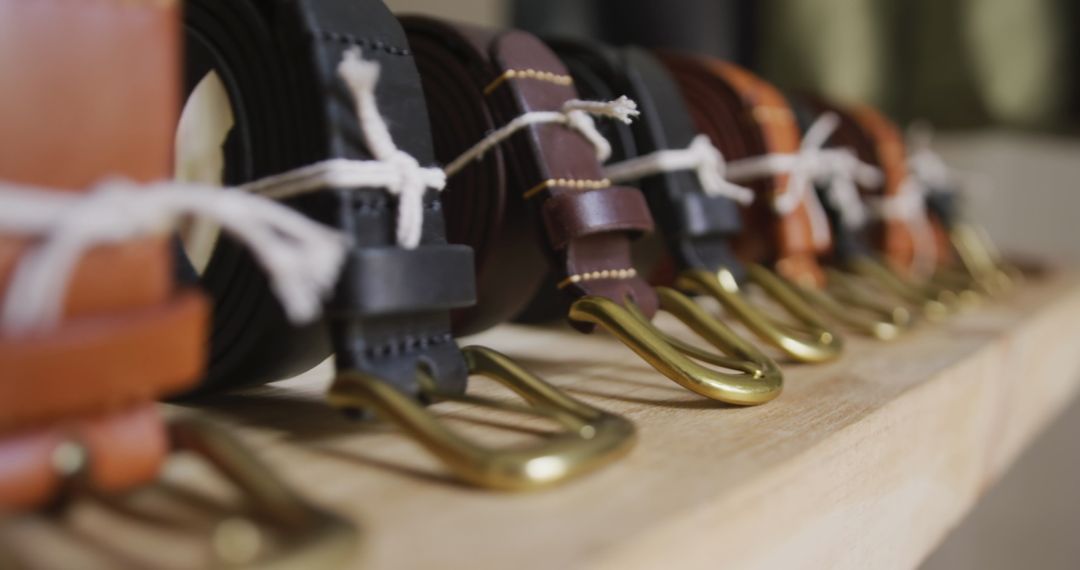 Handcrafted Leather Belts Neatly Aligned on Shelf in Workshop