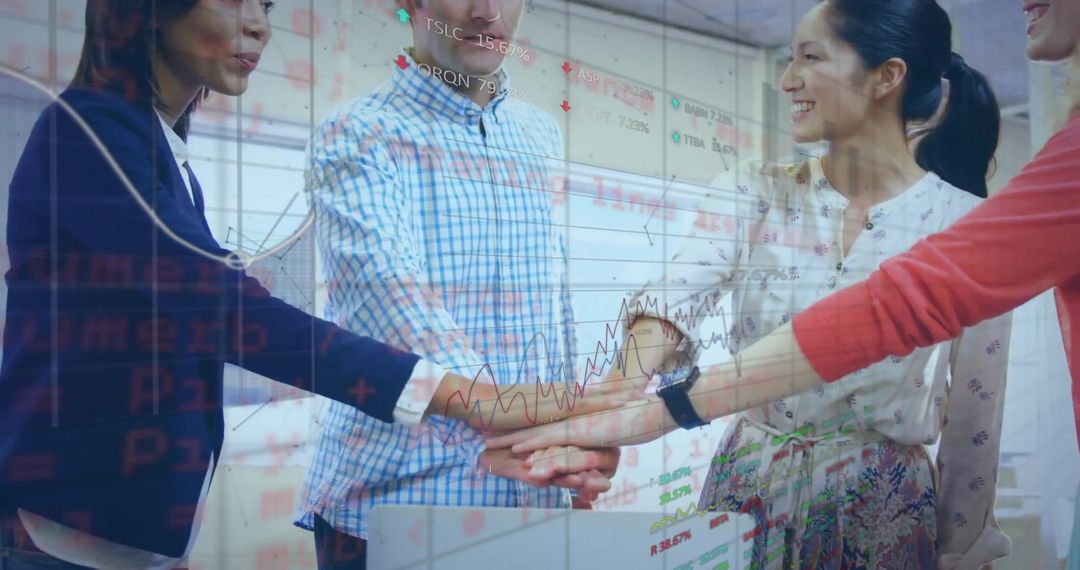 Coworkers Uniting to Achieve Team Success Amidst Stock Market Graphs