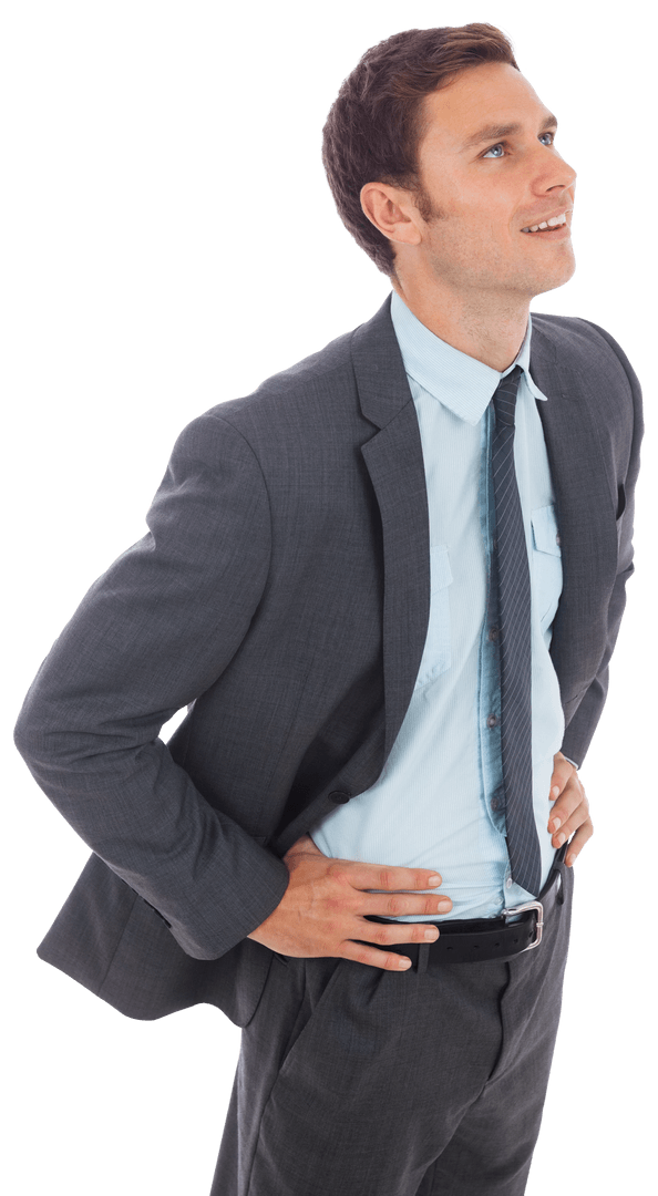 Cheerful Businessman in Gray Suit with Hands on Hips Transparent Background