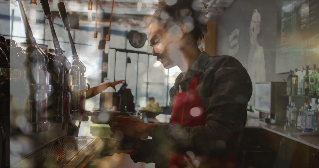 Barista Crafting Coffee in Vintage Style Café Through Blurred Lights
