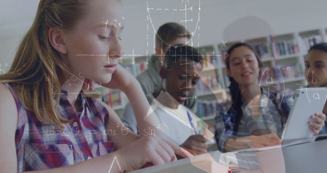 Students Engaging with Tablets Amidst Overlapping Mathematical Equations