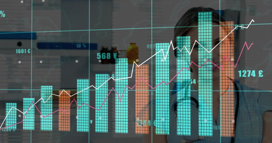 Female Doctor Analyzing Digital Analytics Chart with Data Overlay