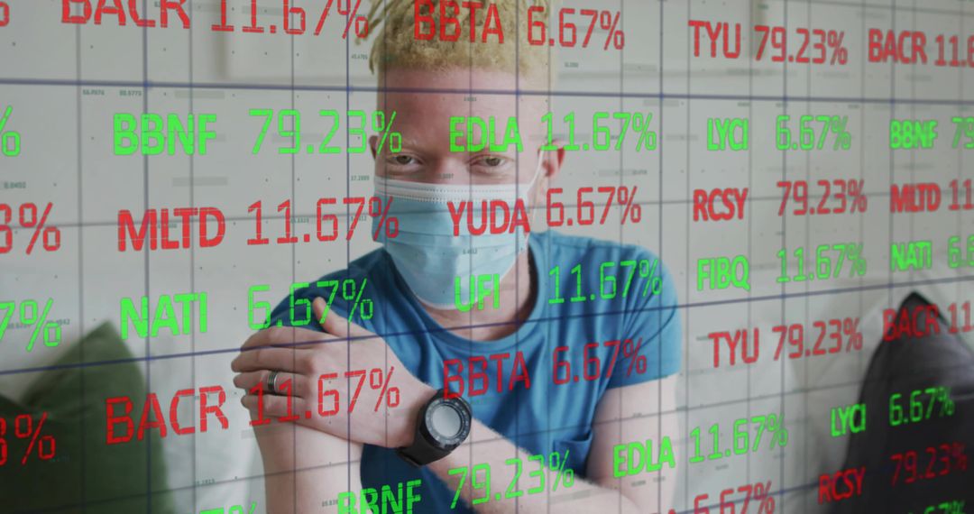 Young man pulling sleeve for vaccination with financial stock data overlaying