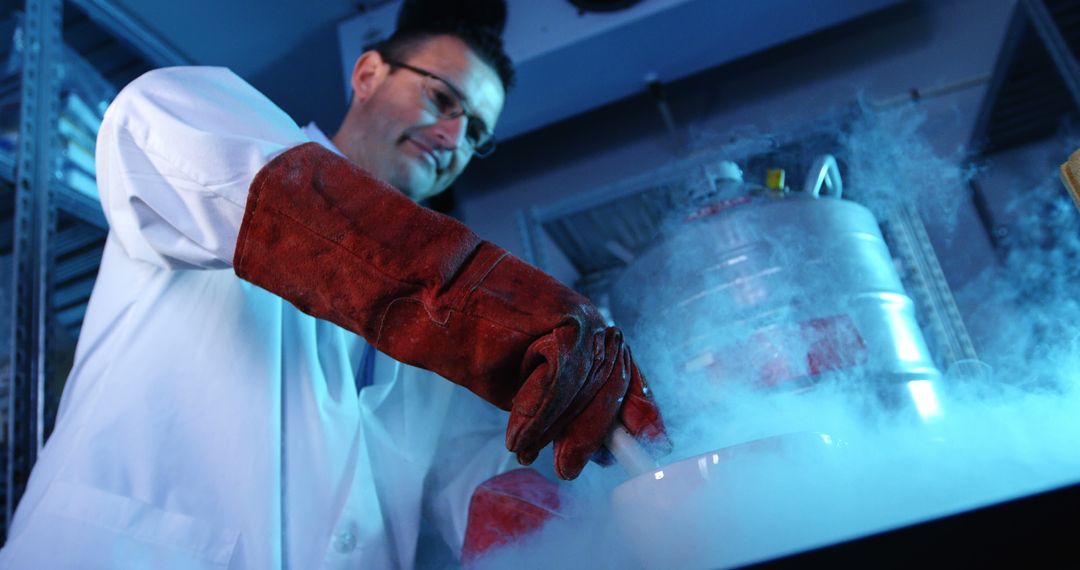 Scientist Handling Liquid Nitrogen Tank in Laboratory for Cryogenic Research - Free Images, Stock Photos and Pictures on Pikwizard.com