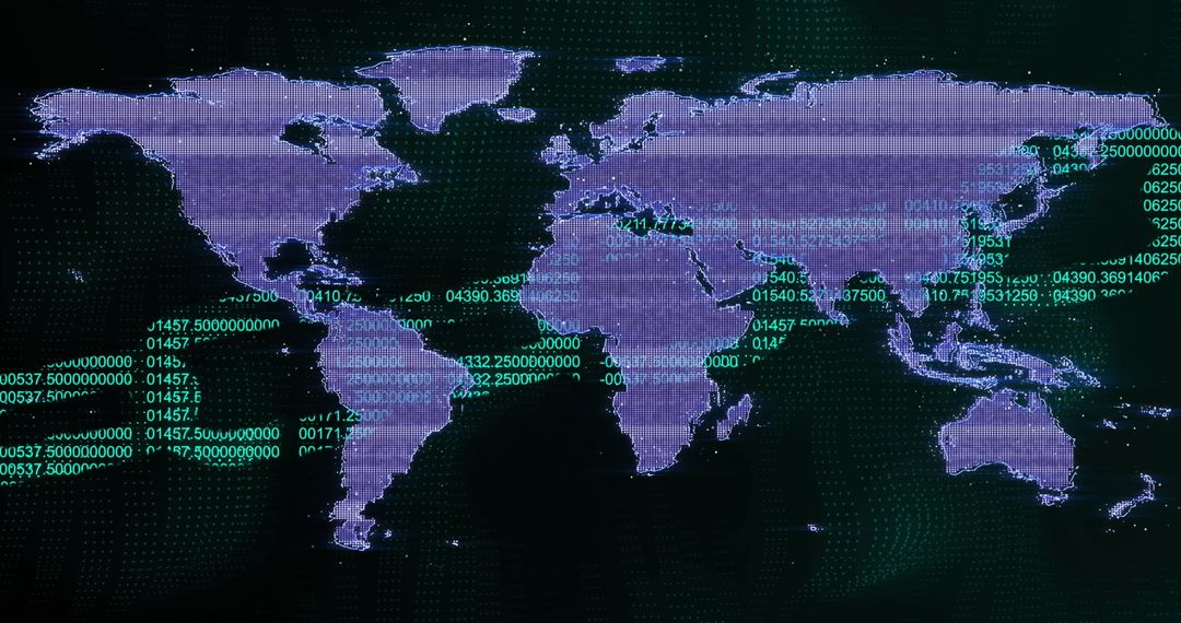 Digital Glitched World Map with Floating Numbers