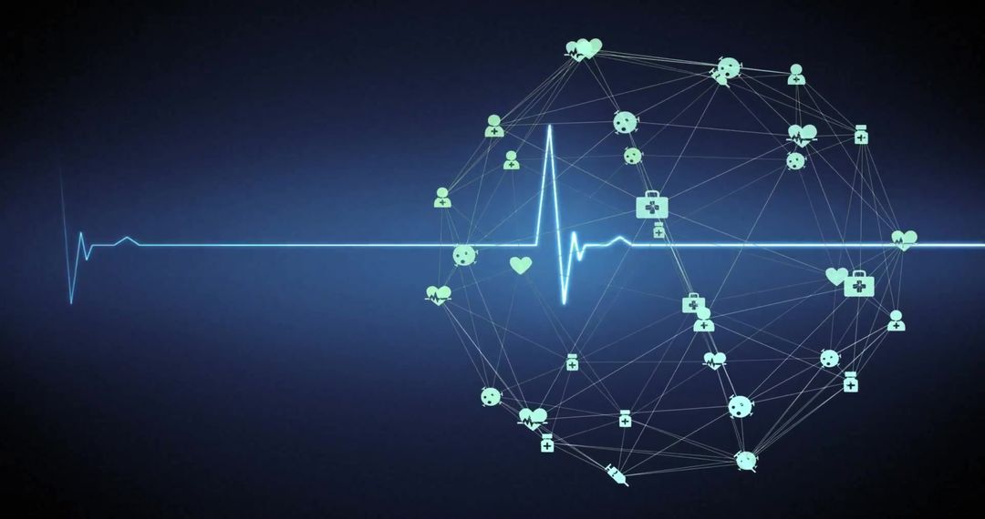 Digital Network Connections with Heartbeat on Black Background