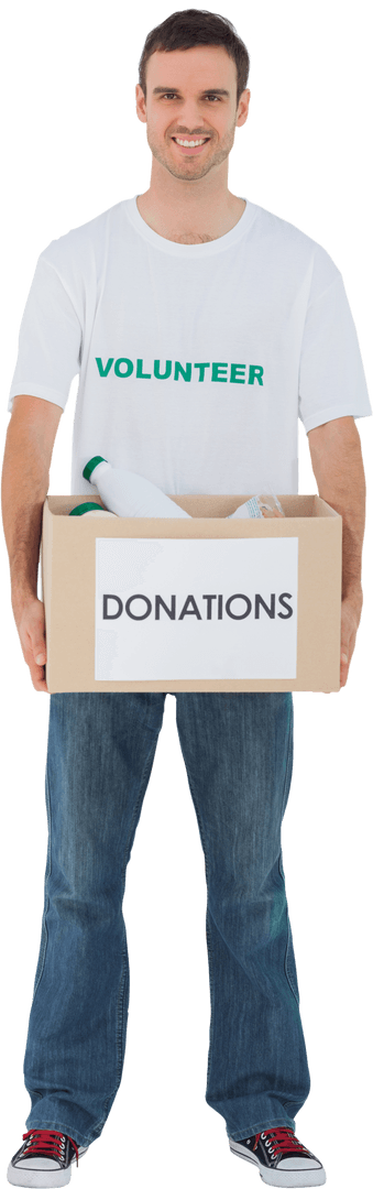 Happy Volunteer Holding Transparent Donation Box with Bottles