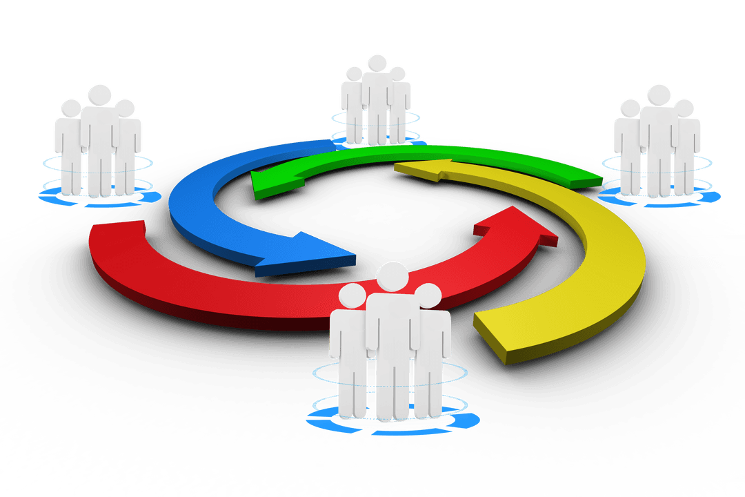 Colorful Arrows Encircling People Icons on Transparent Background