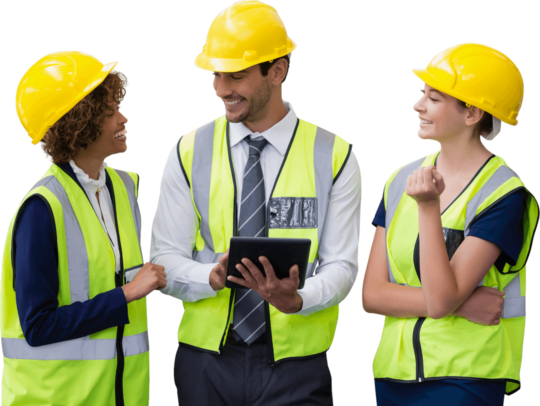 Transparent Meeting of Professional Architects with Tablets in Reflective Gear