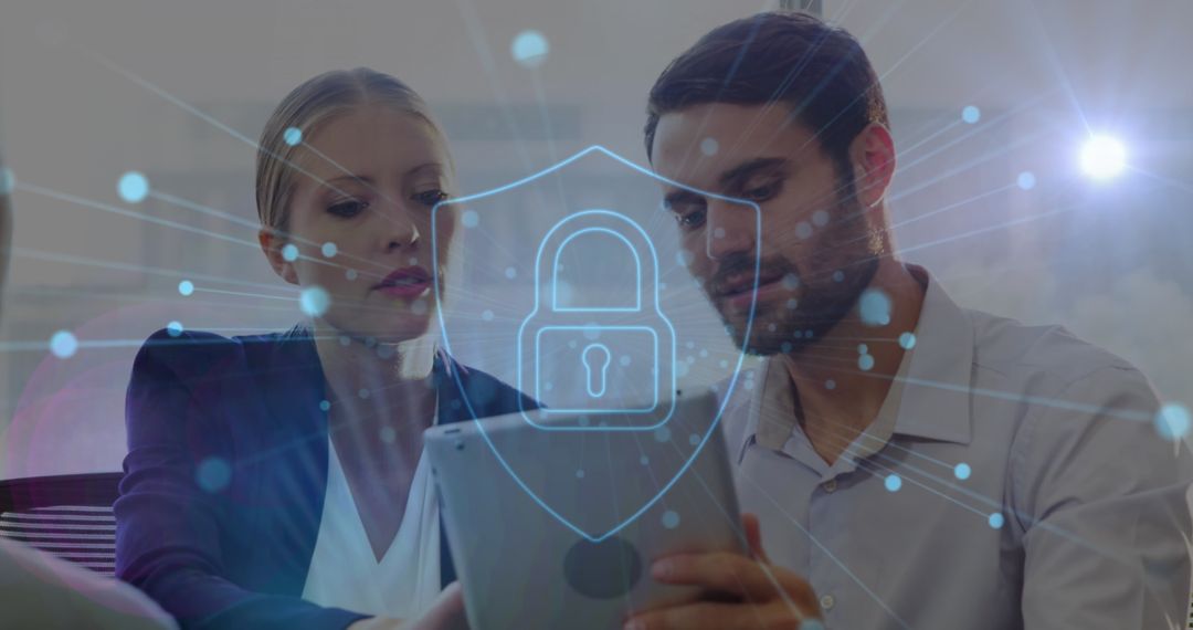 Colleagues Analyzing Data with High-Tech Security Overlay