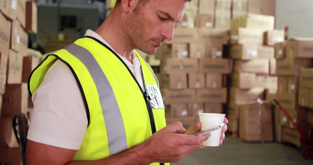 Warehouse Worker in High Visibility Vest Using Smartphone During Break - Free Images, Stock Photos and Pictures on Pikwizard.com