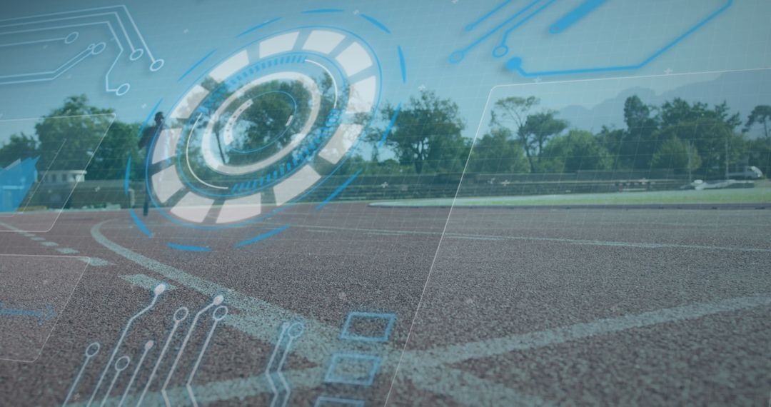 Athlete with Prosthetic Limb Running on Track with Digital Overlay