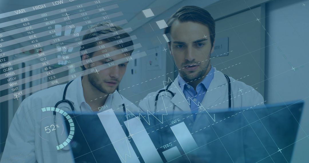 Doctors Analyzing Digital Data with Diagram Overlays in Hospital