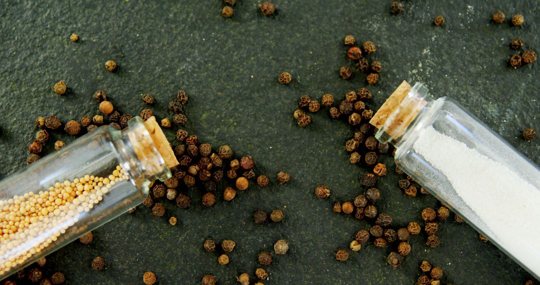 Close-Up of Spilled Peppercorns, Mustard Seeds, and Salt on Dark Background - Free Images, Stock Photos and Pictures on Pikwizard.com