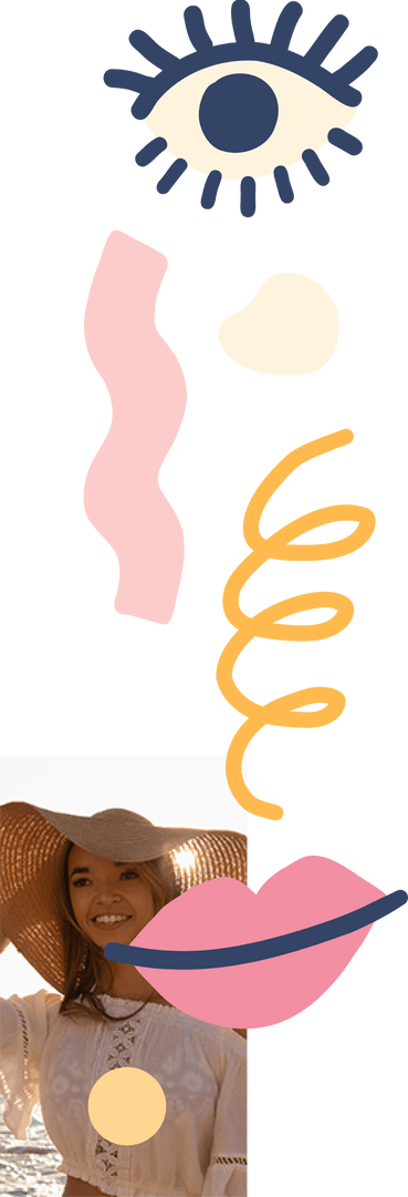 Smiling Woman in Straw Hat Surrounded by Artistic Symbols, Transparent Background