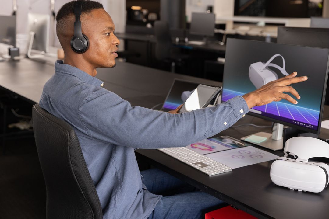 Focused Professional Using Tablet in Tech-Advanced Office