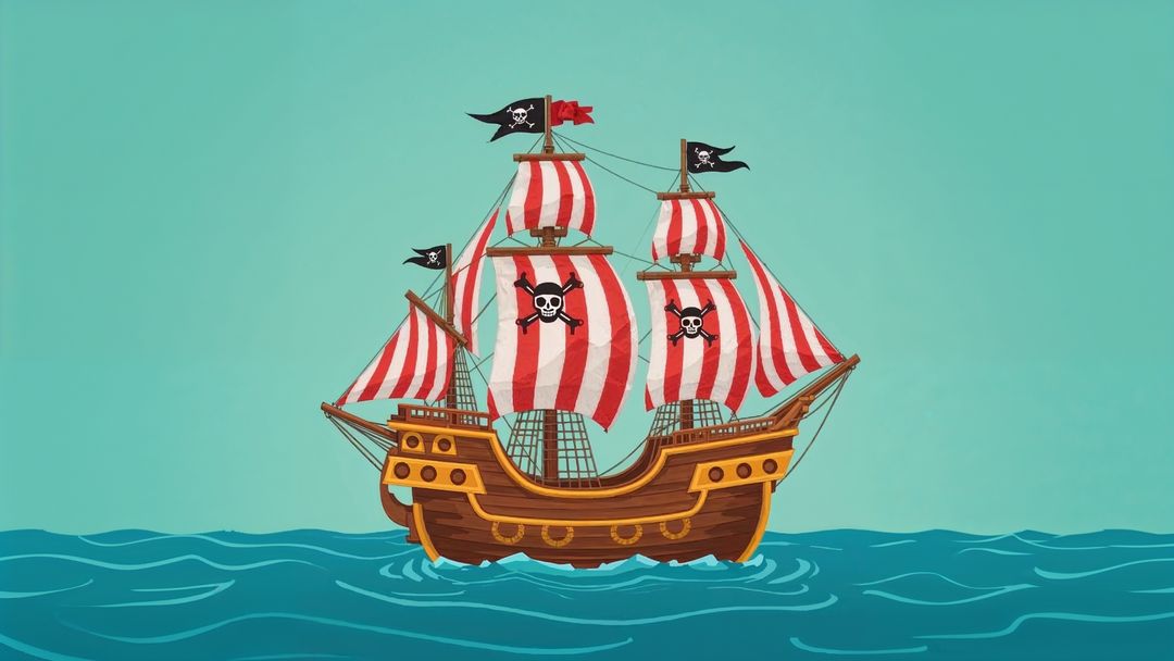 Wooden Pirate Ship Sailing with Striped Sails and Skull Flags