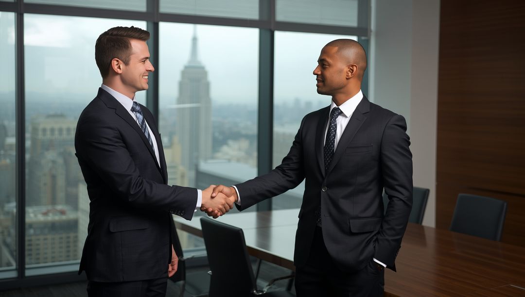 Executives Shaking Hands in Modern Conference Room with Skyline View
