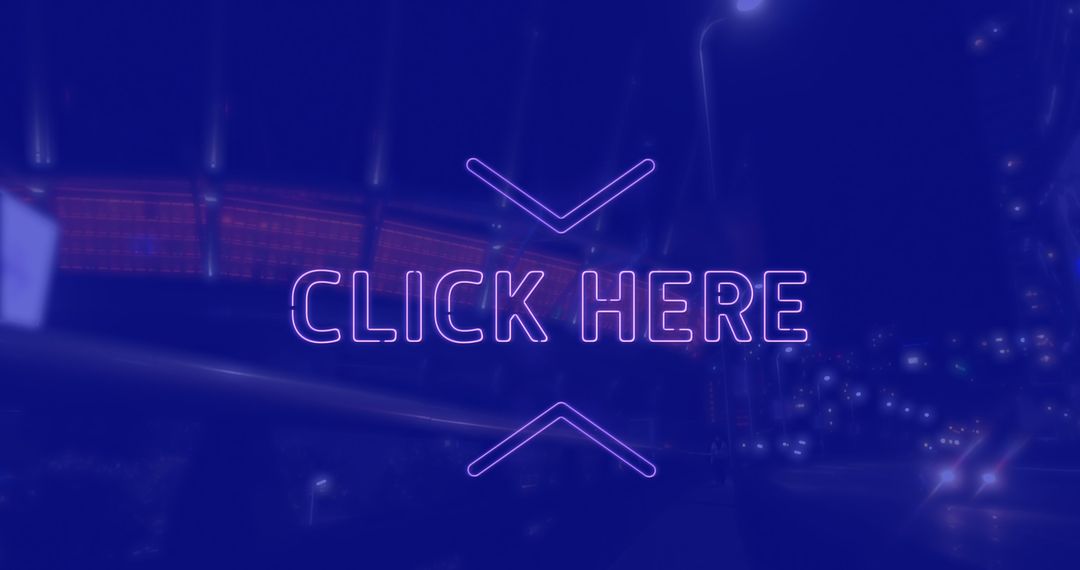 Neon Click Here Button Over Cityscape at Night