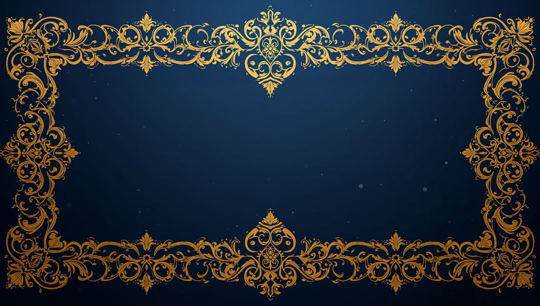 Ornate Gold Filigree Rectangular Frame on Deep Navy Backdrop for Elegant Invitations