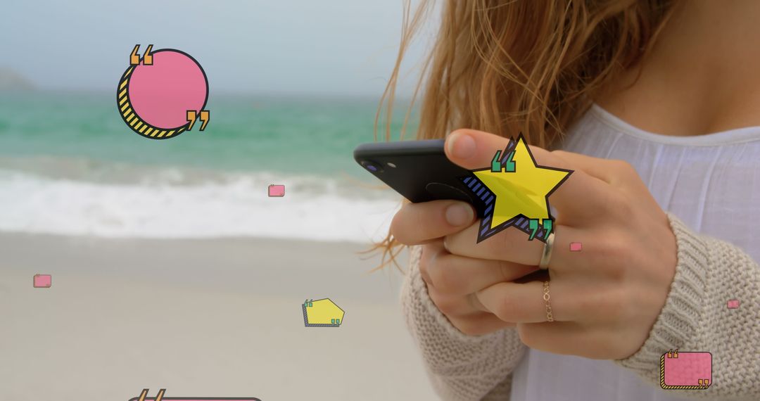 Woman Connecting on Smartphone at Beach with Quotation Icons
