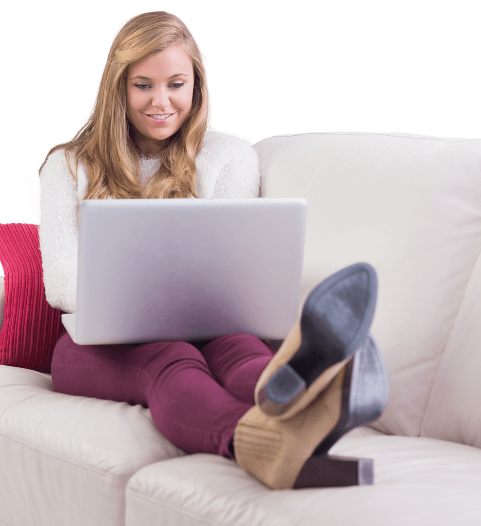 Pretty Blonde Woman Relaxing with Laptop on Comfortable Sofa Transparent Background
