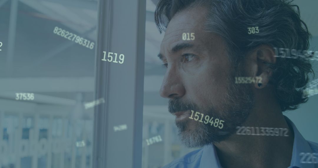 Businessman Contemplates with Digital Numbers Overlay on Window