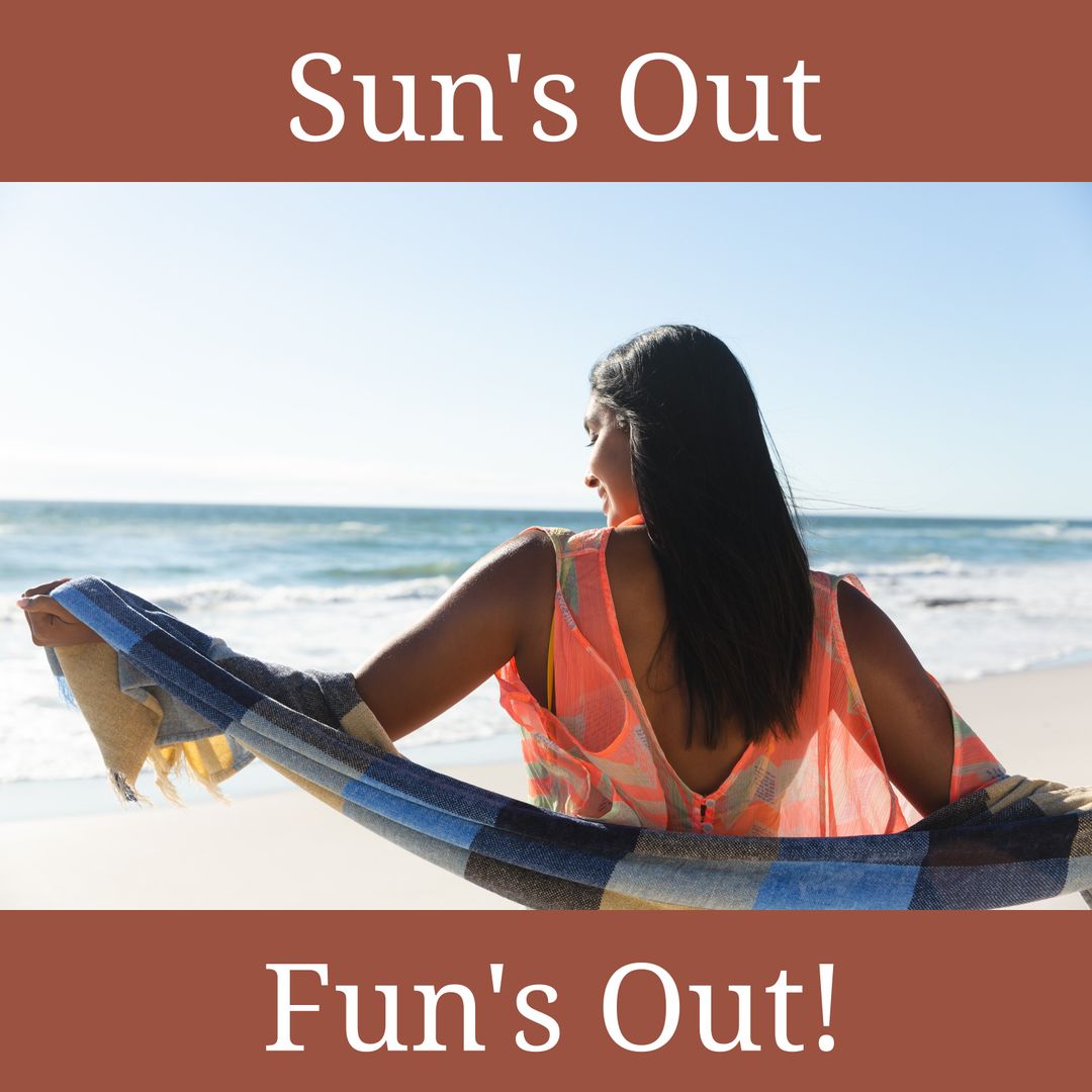 Joyful Woman Enjoying Summer on Beach with Colorful Blanket