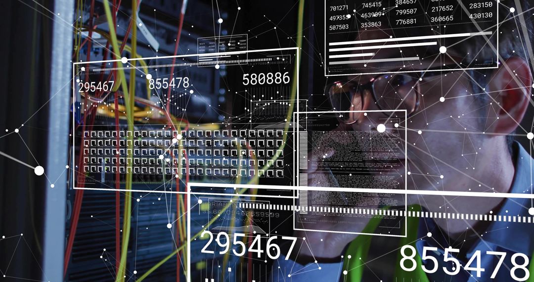 Technician Monitoring Data Center Cables with Holographic Infographics