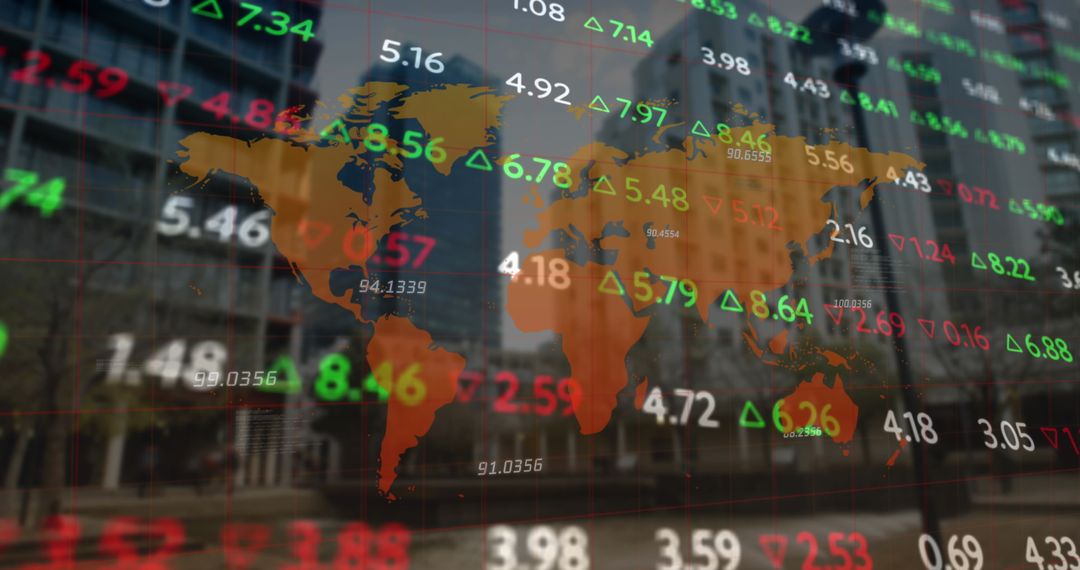 Global Stock Market Data Overlay on Buildings with World Map