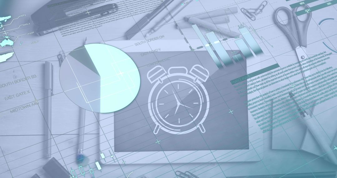 Digital Clock Graphic Overlay with Stationery and Infographic Elements