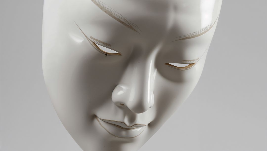 Displaying porcelain mask tilting right with serene smile and gold eyelid accents