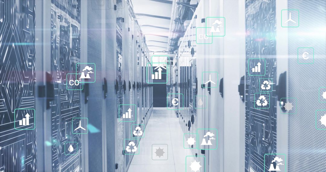 Innovative Data Center Aisle with Technological Icons